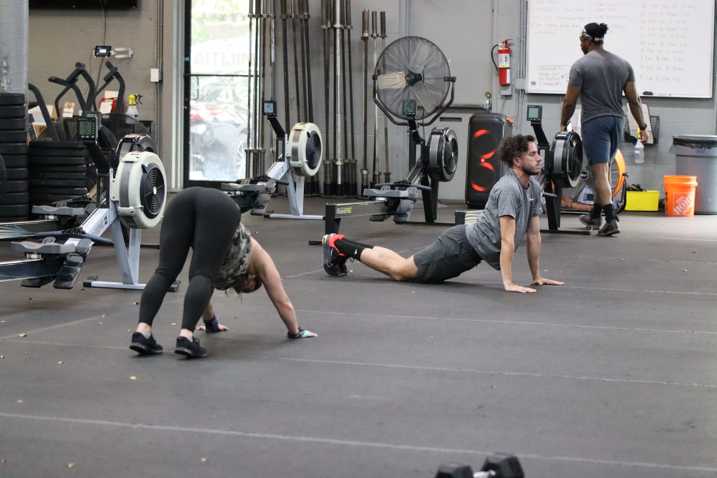 Two people exercising on the gym floor, one woman in leggings and a tank top in a plank position, and one man in a T-shirt and shorts in a push-up position. There are rowing machines lined up against the wall in the background, with a person walking 