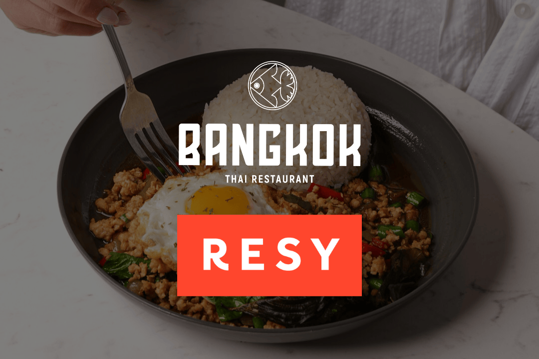 Bangkok Thai and Resy Logo with Krapow Moo dish in Background