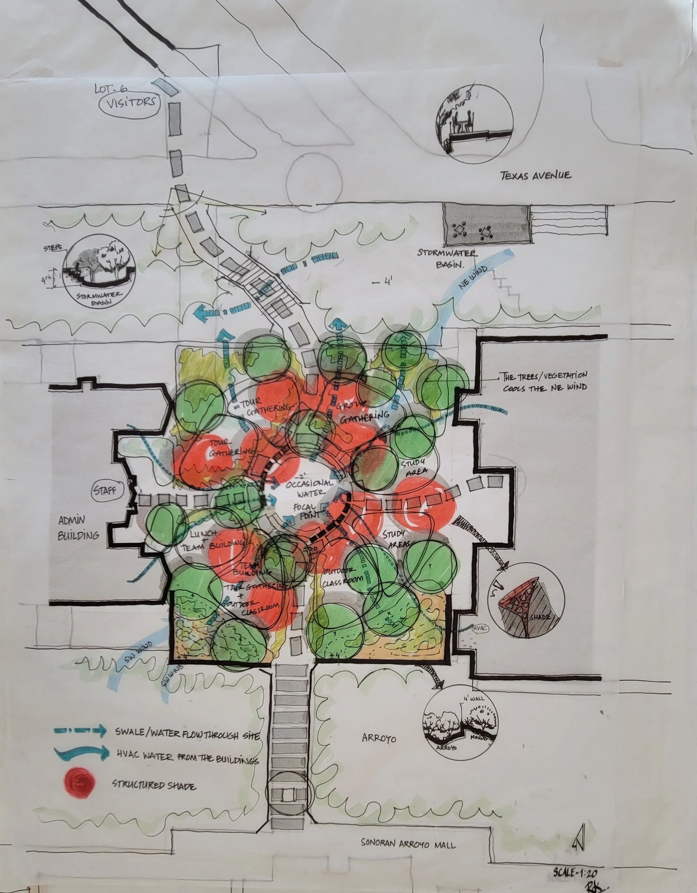 Adding details creates a visual experience as you move through the site. Human scale design