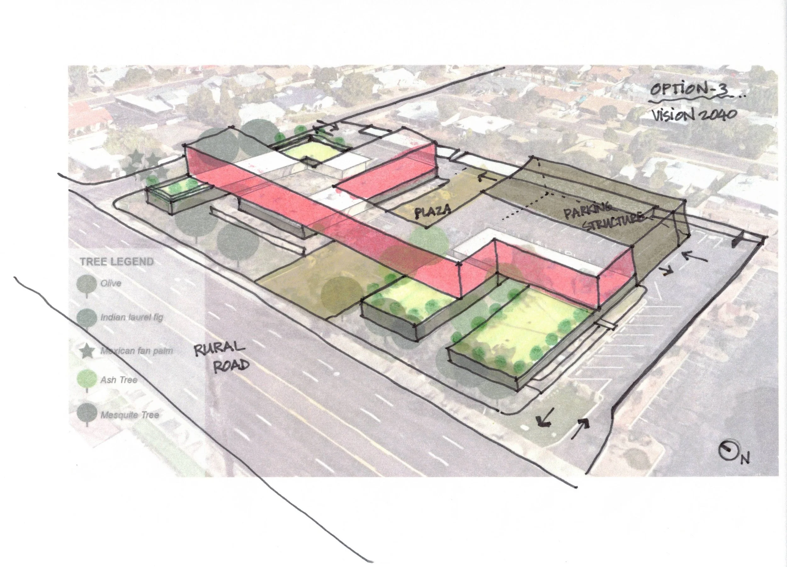 Visualizing the future potential of the building without demolishing the existing single story commercial complex in Tempe. (MLA Capstone project).