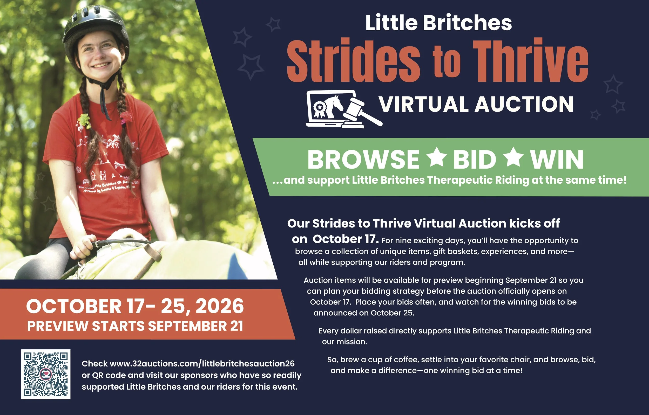 Little Britches rider on a Therapeutic horse, promoting annual virtual auction happening from October 17 to 25, 2026, with a start of preview on September 23. Follow them on social media to check out the wide variety of items and local sponsors.