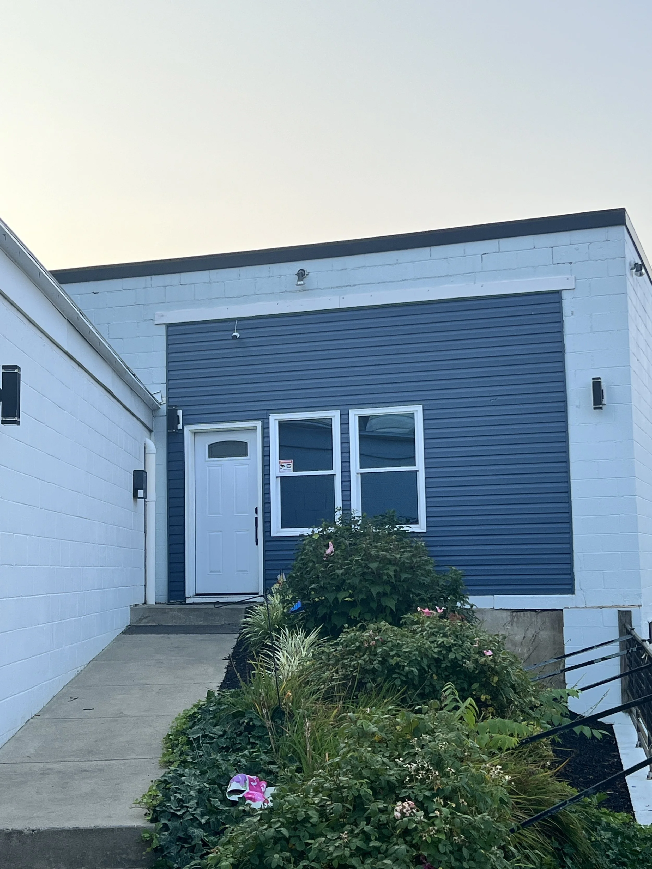 Front of a modern house with white and blue exterior walls, windows with white frames, a white door, garden plants, and a sidewalk in the foreground.
