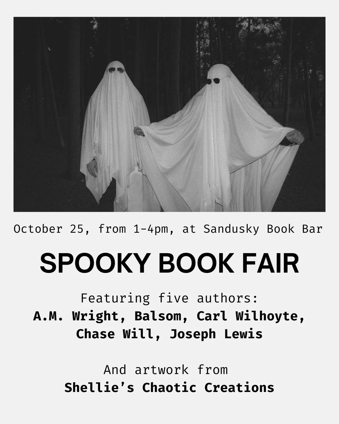 Our Spooky Book Fair featuring five local authors and some local art will be taking place THIS SATURDAY from 1-4pm! Stop by to check out one of our horror, mystery, and thriller authors - more information about each other's books can be found on our