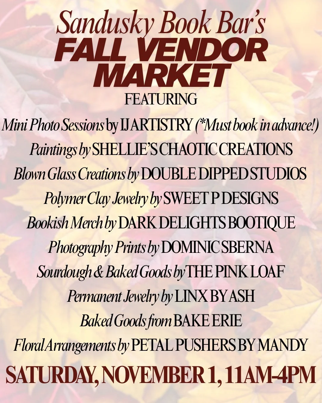 Our Fall Vendor market is coming up on November 1 and it's time to start thinking about  holiday gifts - why not something from a local small vendor or artist? π¨
**email Iviejeannicholas@gmail.com if you're interested in booking a mini photo sessio