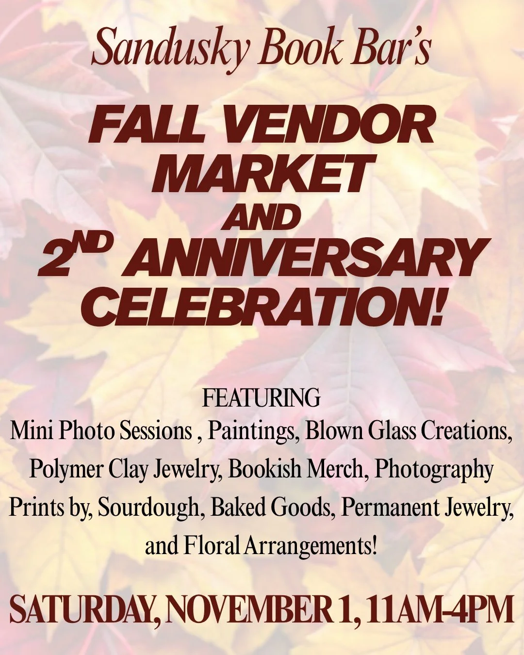Our Fall Vendor Market and 2ND ANNIVERSARY CELEBRATION is coming up THIS SATURDAY from 1-4pm! Stop by for a ton of goodies, speciality coffee and cocktails, and much, much more! βπ
*
*
*
 #sanduskybookbar #smallbusinessowner #bar #coffee #bookstore