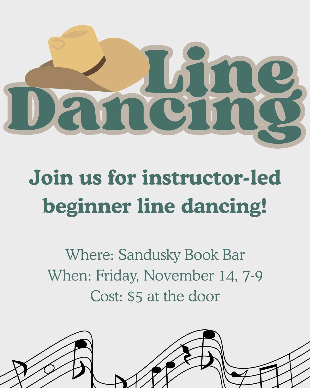 Grab your cowboy boots and join us on Friday from 7-9pm for line dancing! 🤠
*
*
*
 #sanduskybookbar #smallbusinessowner #bar #coffee #bookstore #sanduskyohio #coffeeshop #smallbusiness #mocktail #cocktail #cafe