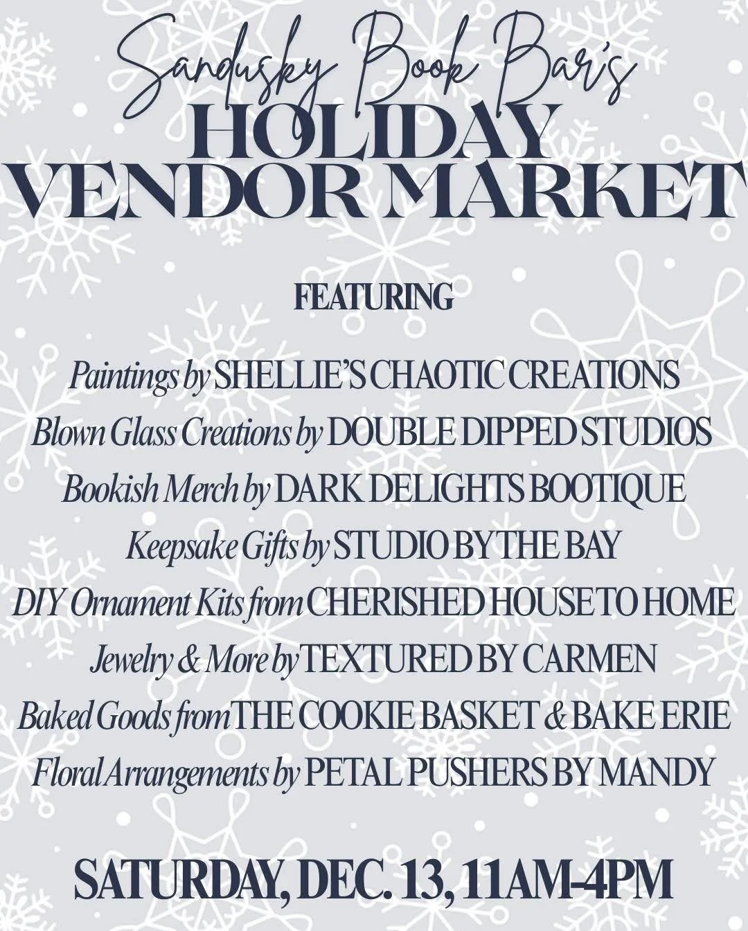 We&rsquo;re so excited to host our final vendor market of the year on December 13th! We all know there&rsquo;s SOMEONE you&rsquo;ll need to grab a last minute holiday gift for - why not grab a coffee and check out a local artist or our book selection