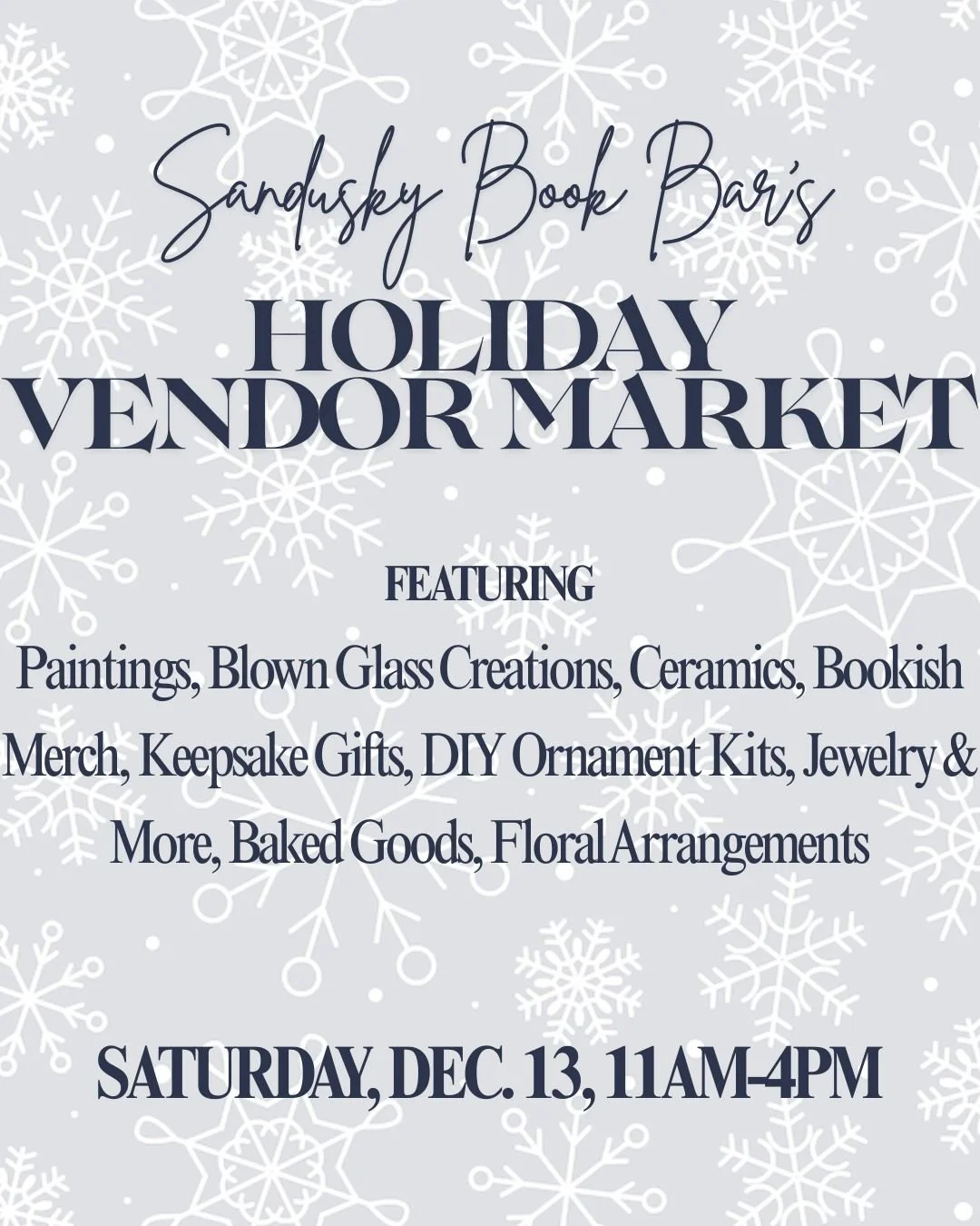We are ONE WEEK away from our Holiday Vendor Market! ❄🛍☕

We know, we know - the Christmas Market is happening downtown. But you can always come by the Book Bar before you head downtown! Support all of the local artists this holiday season!

(...and