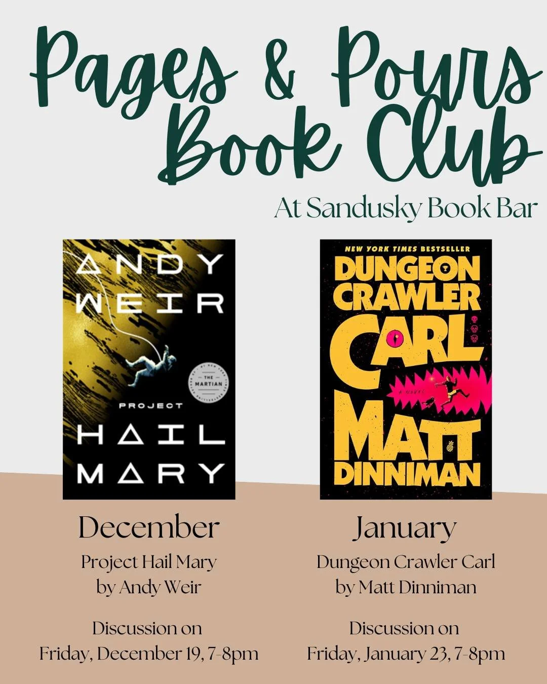 We'll be chatting about this month's book club book, Project Hail Mary, next Friday, December 19, at 7pm! We still have a few copies at the shop if you want to join in! 📖👩&zwj;🚀

January's pick is a fan favorite, Dungeon Crawler Carl! We won't hav