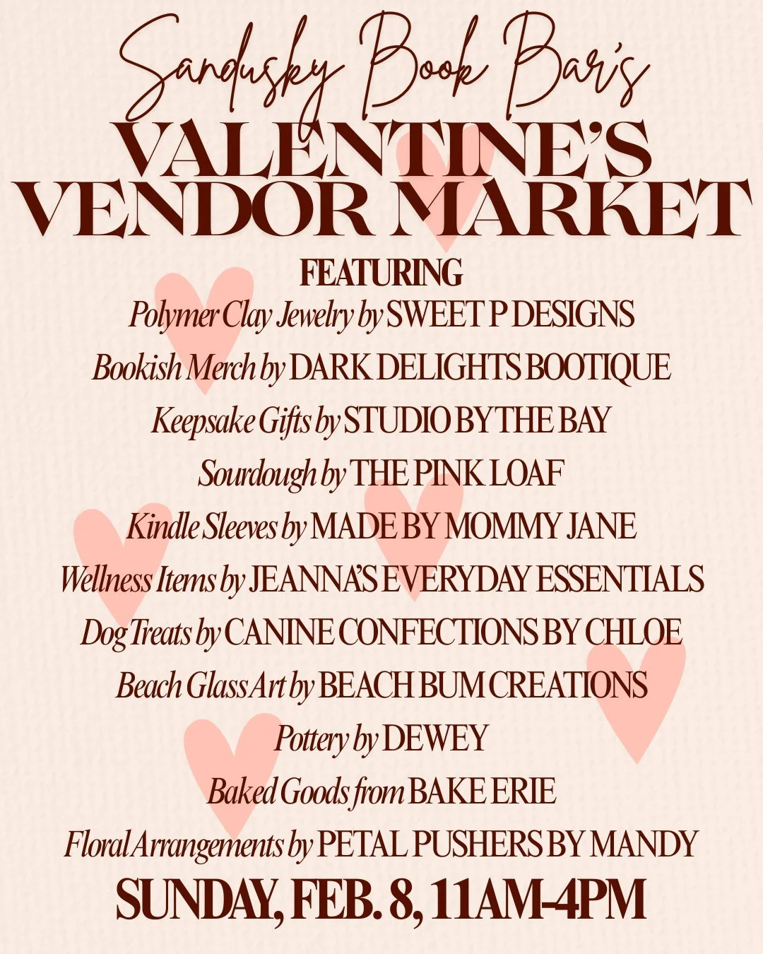 It's a month away, but on Feb. 8, we'll have our BIGGEST vendor market yet! This market is a little different because it's on a Sunday, but it's guaranteed to be jam-packed with goodies that you (and perhaps your parter...) will enjoy! 💕🛍
*
*
*
 #s