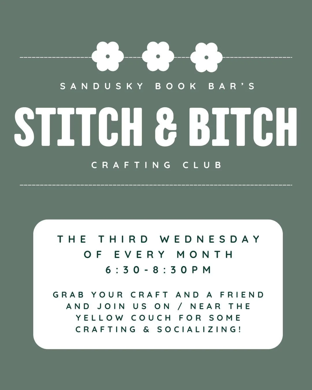 Did you know that on the third Wednesday of every month (this month it's Wednesday, Jan 21st!), we have a crafting club? Grab a friend and your latest project and maybe you'll meet someone new! 🧶
*
*
*
 #sanduskybookbar #smallbusinessowner #bar #cof