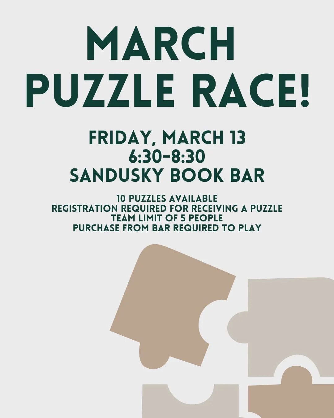Just a few spots left for next Friday's PUZZLE RACE!! Grab up to 5 friends, register on our website or Facebook, and come try to do a puzzle faster than the team next to you! 🧩🍷
*
*
*
 #sanduskybookbar #smallbusinessowner #bar #coffee #bookstore #s