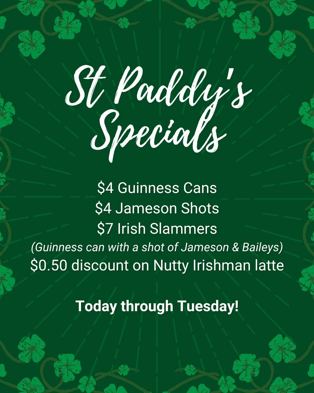 Sl&aacute;inte from the Book Bar! We have some specials going Monday and Tuesday! 🍀🥃
$4 Guinness cans
$4 Jameson shots
$7 Irish Slammers (Guinness and a shot of Jameson &amp; Baileys)
$0.50 discount on Nutty Irishman lattes
*
*
*
 #sanduskybookbar 