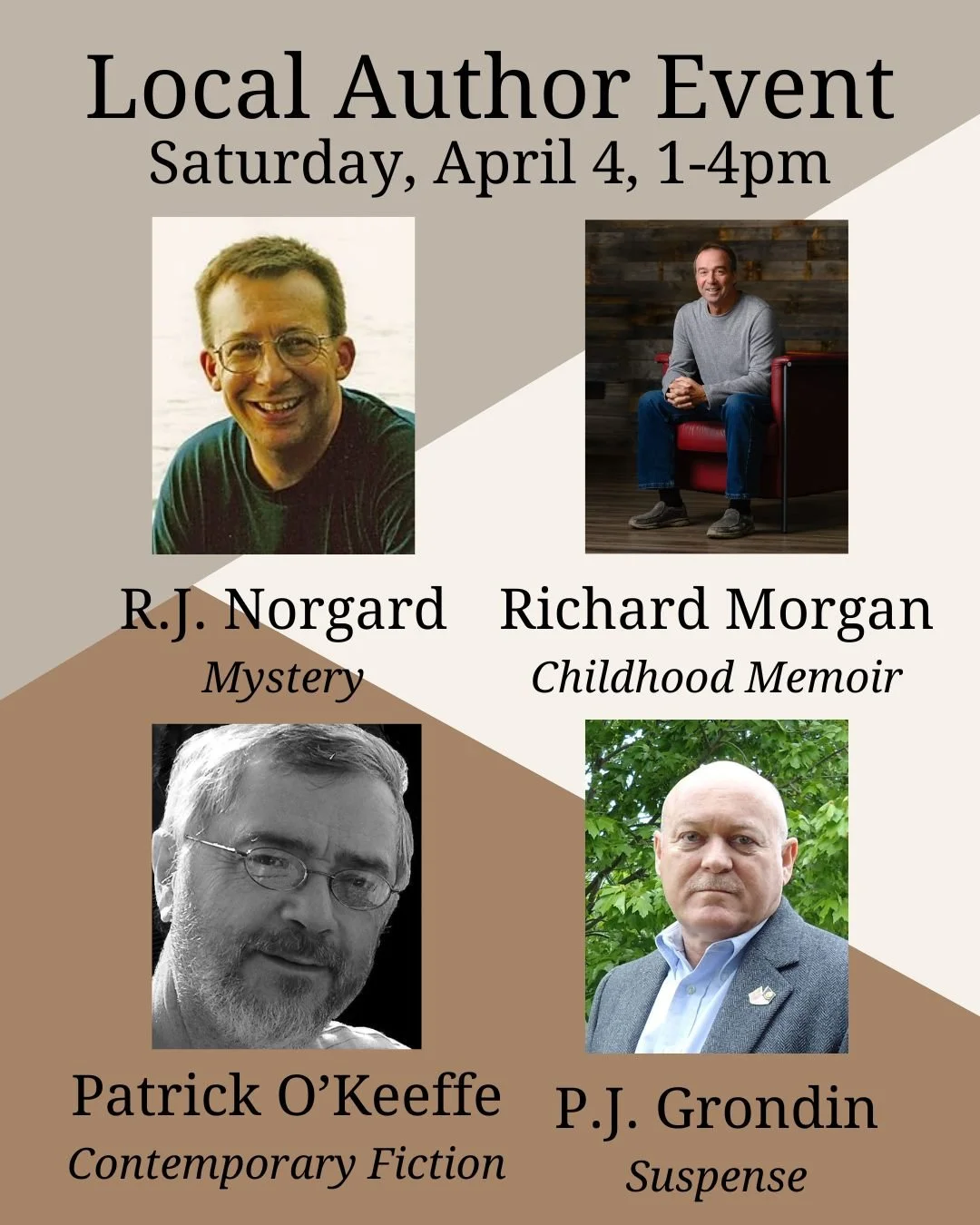 Join us NEXT SATURDAY and check out one of four local authors - R.J. Norgard, Richard Morgan, Patrick O'Keeffe, and P.J. Grondin will be at the Book Bar on April 4th from 1-4pm to sell and sign their books and chat with readers! 📖☕
*
*
*
 #sanduskyb