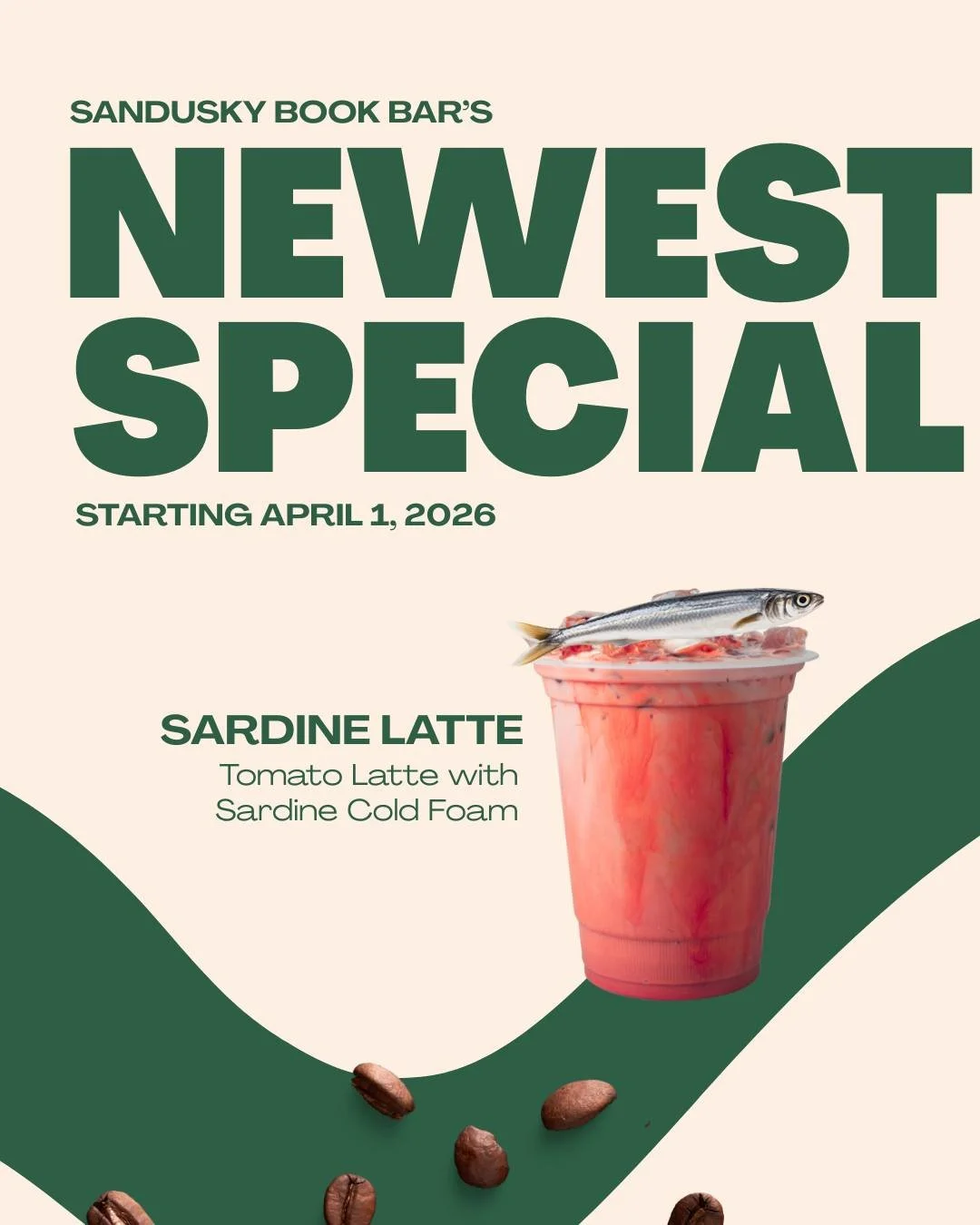 The people have been begging for it, and we're FINALLY doing it! Our newest special is the Tomato Latte with Sardine Cold Foam - come get it today! 🍅🐟☕

Happy April Fools' Day! We actually won't make this and we don't recommend you try this one at 