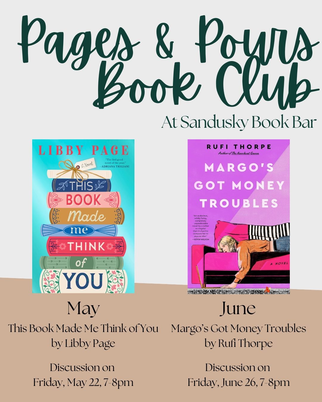 Book club is THIS FRIDAY. Have you read This Book Made Me Think of You by Libby Page yet?? 📖

Next Month's is Margo's Got Money Troubles.

**We vote for books in our book club meetings, so if you'd like to see something different, make sure to come 