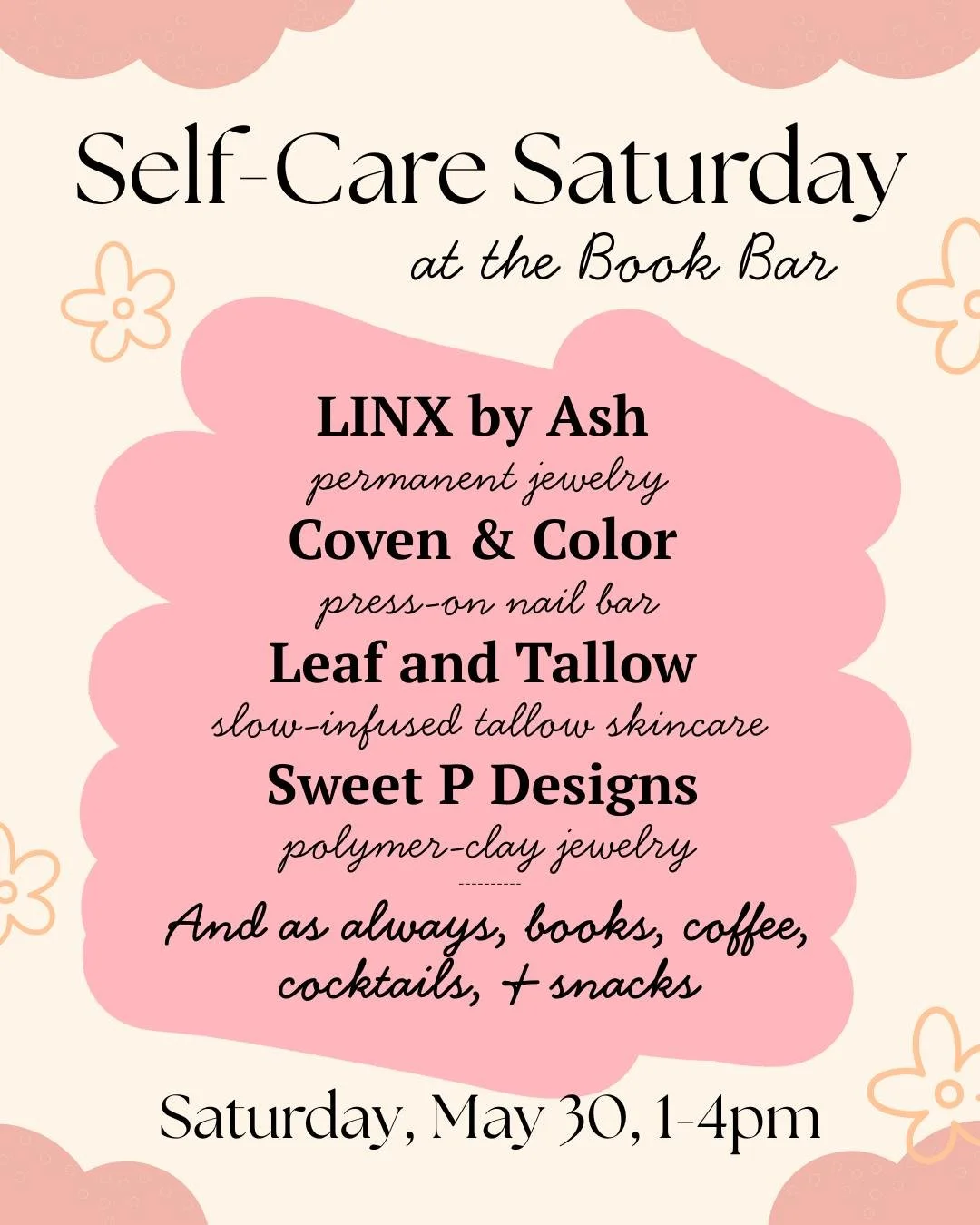 We've got a special pop-up on Saturday with some local vendors you know and a couple that are new to the Book Bar! Come check out our Self-Care Saturday THIS SATURDAY from 1-4pm! 📖☕💆&zwj;♀️
*
*
*
 #sanduskybookbar #smallbusinessowner #bar #coffee #