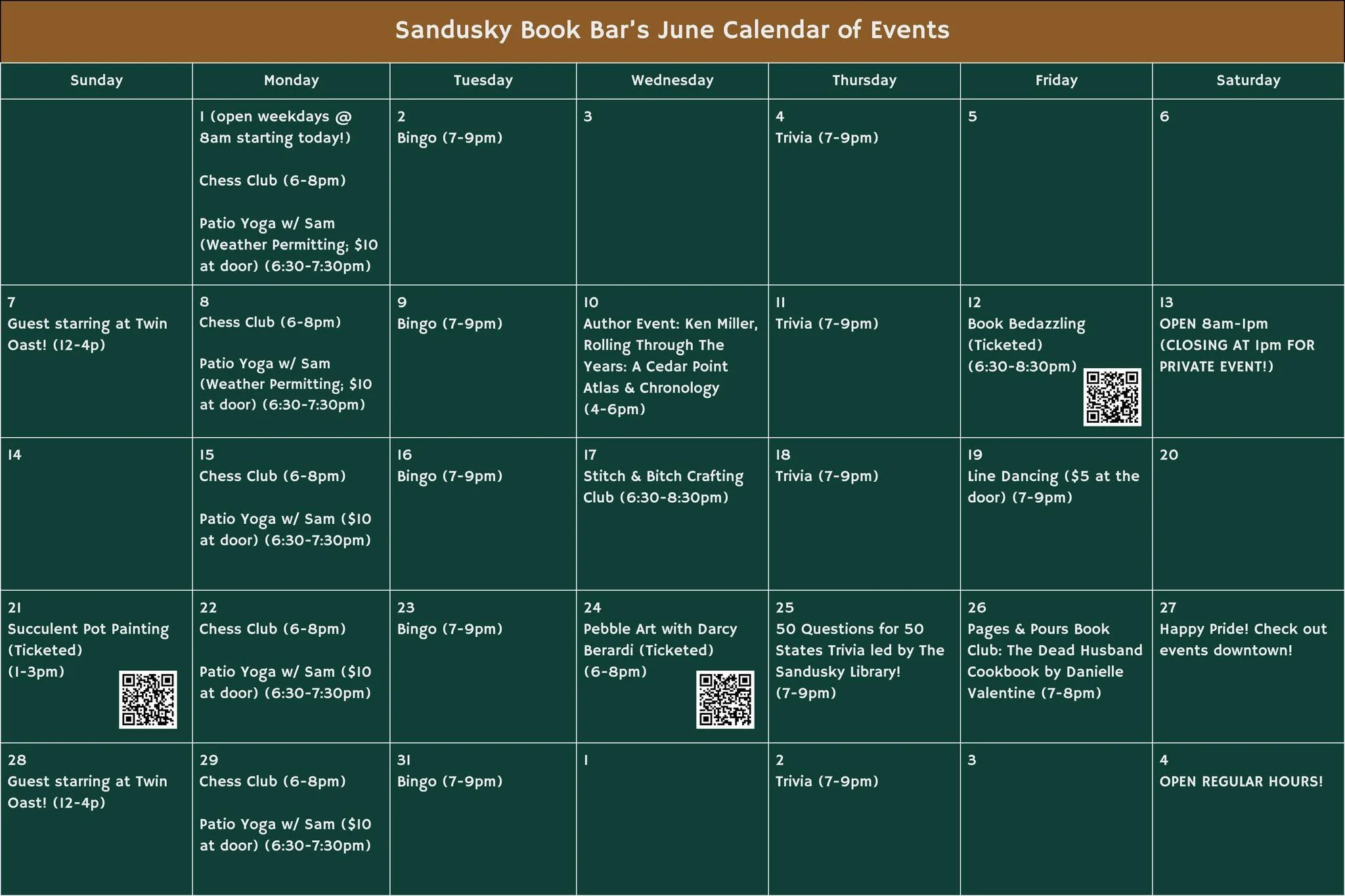 June is BUUUSSSSYYYY!! We've got all of your faves:
- Line dancing 💃
- A local author 📖
- Book bedazzling ✨

And a fun, special themed trivia in partnership with the Sandusky Library to celebrate America's 250th birthday! 🇺🇸

We're also starting 