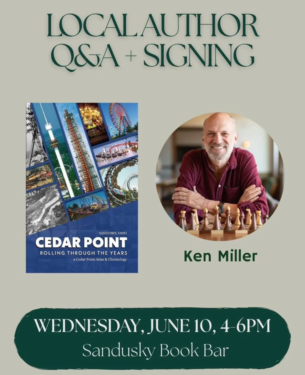 Come chat with Ken Miller about his book, Cedar Point: Rolling Through the Years, today until 6pm! 🎢
&bull;
&bull;
&bull;
#cafe #cocktail #mocktail #ohio #smallbusiness #coffeeshop #sanduskyohio #book #sandusky #bookstore #cheeseboard #coffee #bar #