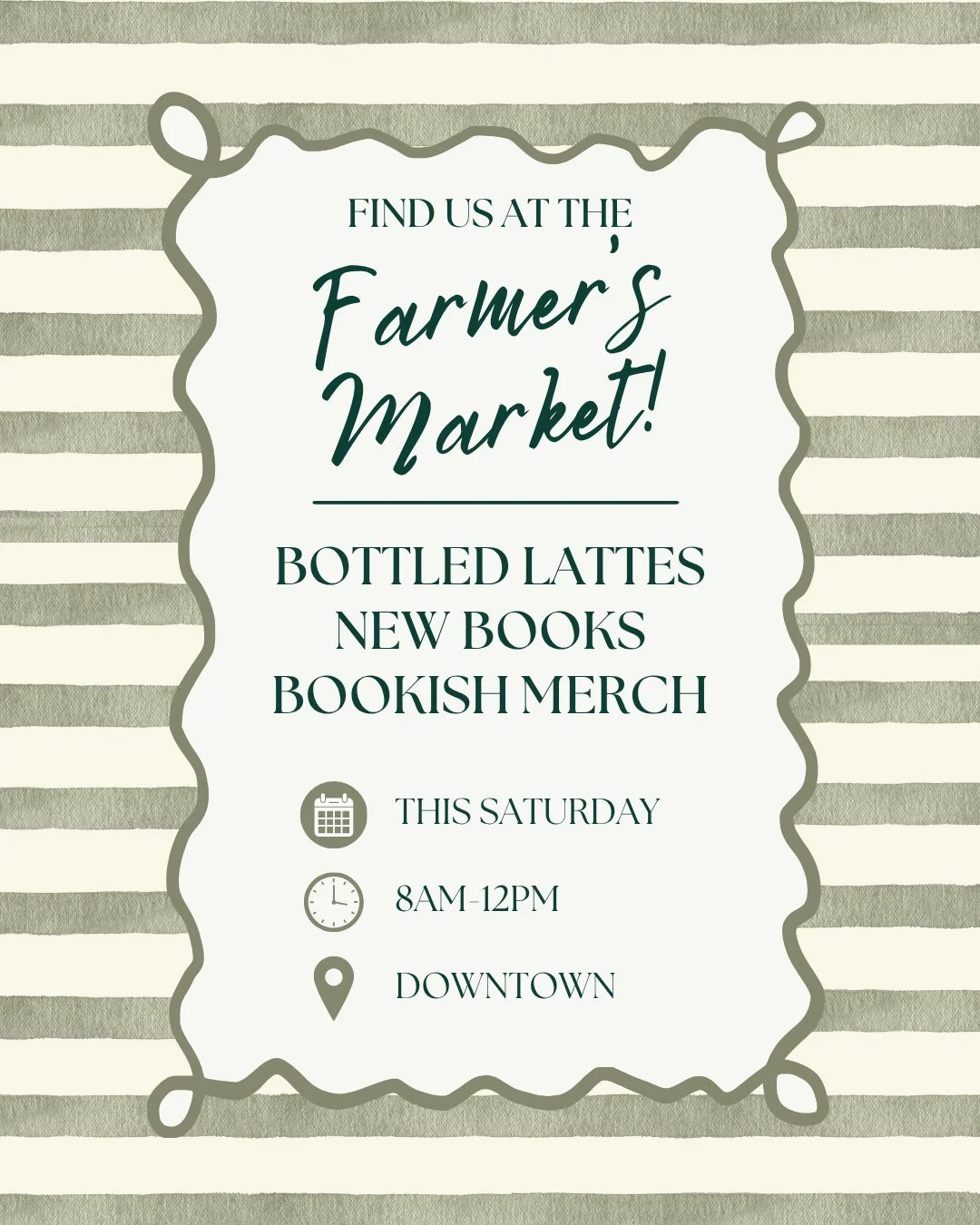 We're heading to the Farmer's Market downtown this Saturday! 🛍

The shop is open 8am-5pm for all of your beverage and book needs, but if you're already out and about, why not grab a bottled latte and a new read? 📖☕
*
*
*
 #sanduskybookbar #smallbus