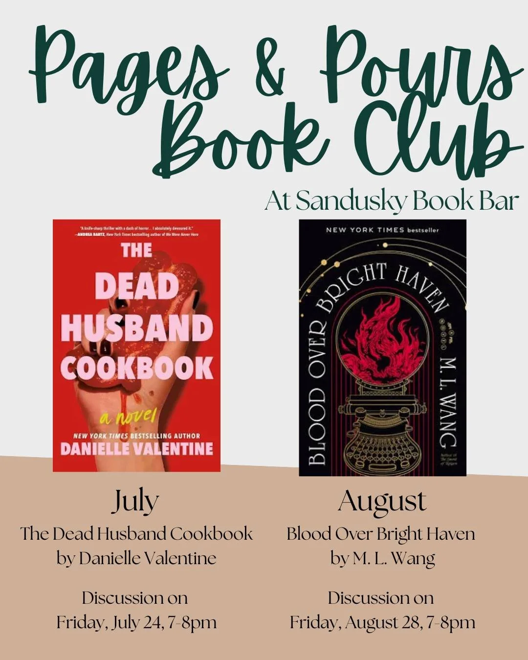 Have you started The Dead Husband Cookbook yet for Friday's Pages &amp; Pours book club? 📖☕

(to be honest, with you guys, I am on page 6 so if not, you're not alone)

August's book is Blood Over Bright Haven by M.L. Wang!
*
*
*
 #sanduskybookbar #s
