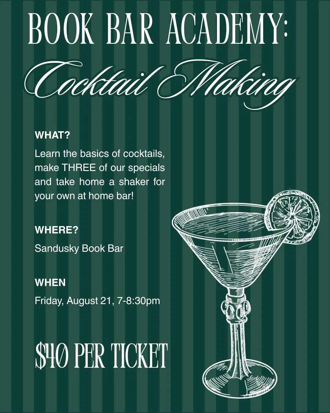 We have TWO spots left for Friday's cocktail making class - check out tickets at www.sanduskybookbar.com! 🍸
*
*
*
 #sanduskybookbar #smallbusinessowner #bar #coffee #bookstore #sanduskyohio #coffeeshop #smallbusiness #mocktail #cocktail #cafe