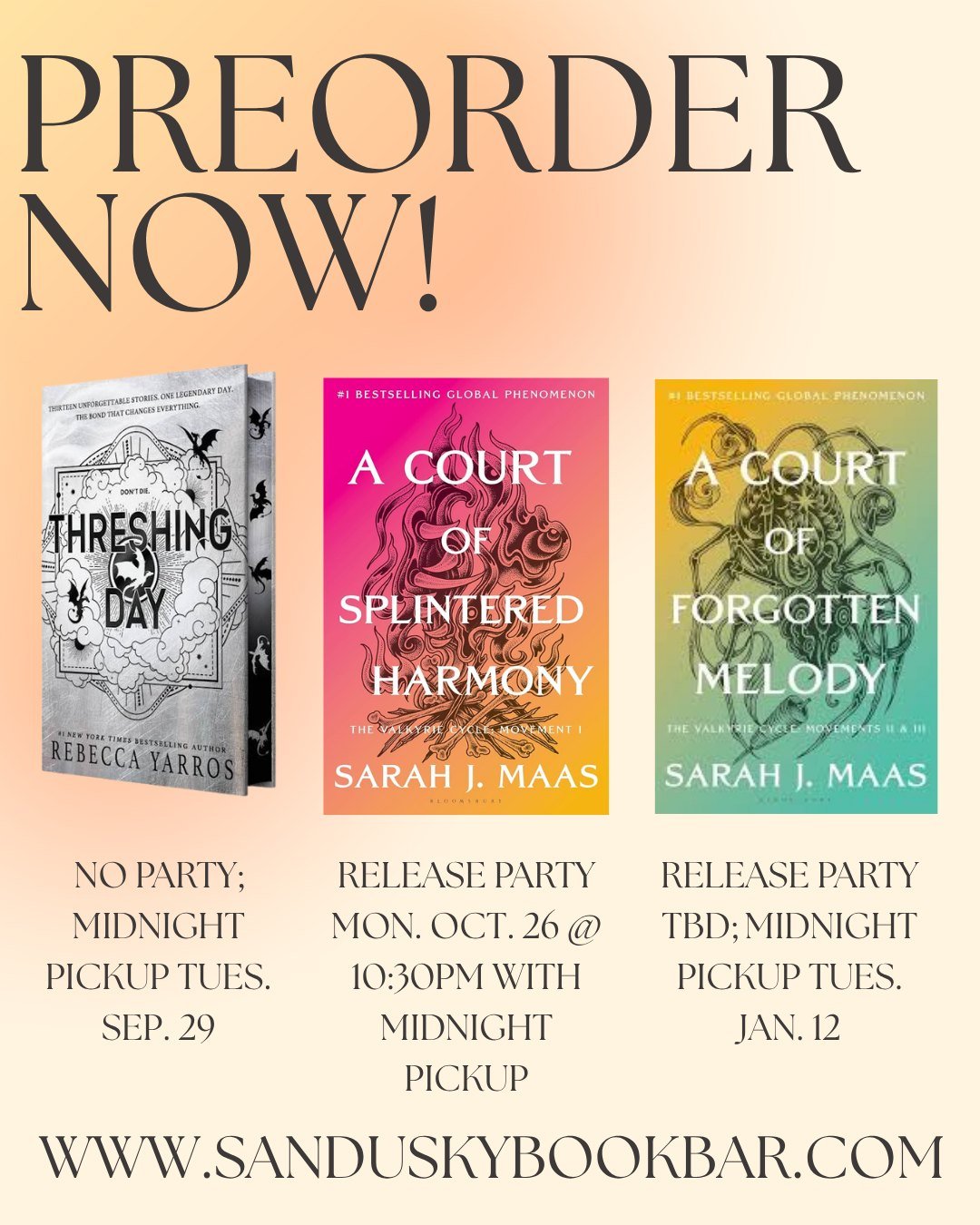 Why wait to start a new book when you can start it AT MIDNIGHT ON RELEASE DAY? All of our preorders can be found at www.sanduskybookbar.com! ✨📖

🌟 Preorder your copy of THRESHING DAY for midnight pickup on Tues. Sep. 29
🌟 Preorder your copy of A C