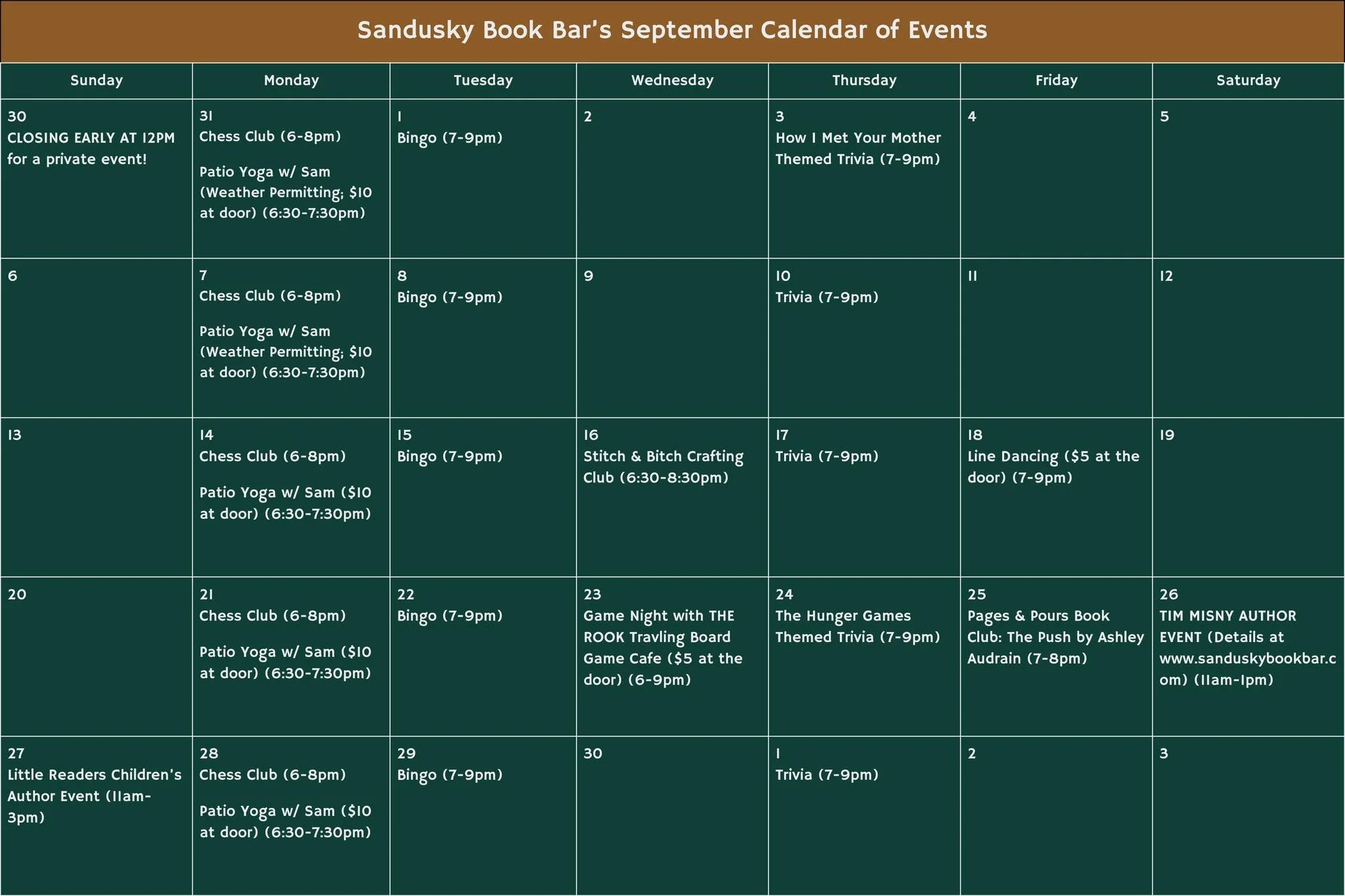 September is near and with it comes new events! Check out our usual monthly actives like bingo, trivia, and line dancing, but we have a couple of new things happening:
🌟 The Rook Traveling Board Cafe is popping up on September 23 from 6-9pm!
🌟 TIM 