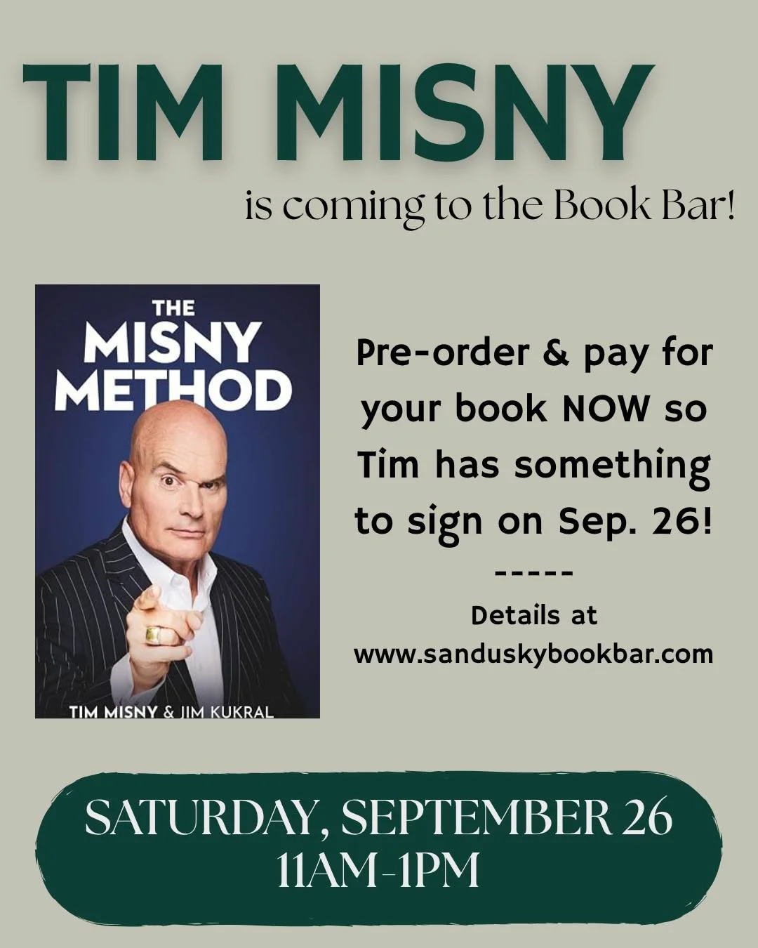 Pre-order your book NOW so Tim has something to sign on September 26! We'll have the book ready for you in our Express Pick-up Line so you can hop right into the signing line and meet the man of the hour himself! 😎📖
*
*
*
 #sanduskybookbar #smallbu