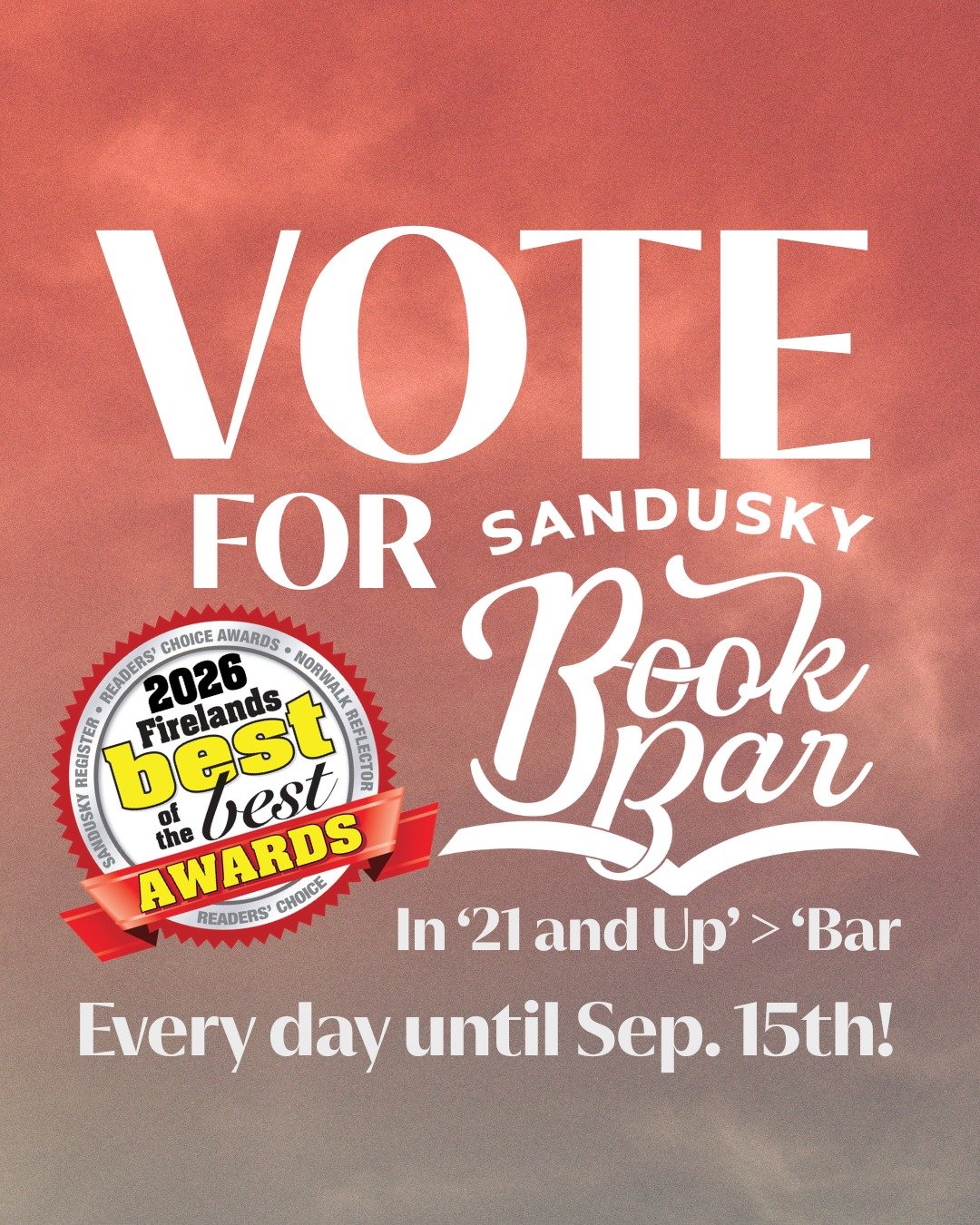 We're in the Best of the Best Top 5 under the 'Bar' category! Check it out and give us a vote every day through Sep. 15th! 😎🍸
*
*
*
 #sanduskybookbar #smallbusinessowner #bar #coffee #bookstore #sanduskyohio #coffeeshop #smallbusiness #mocktail #co