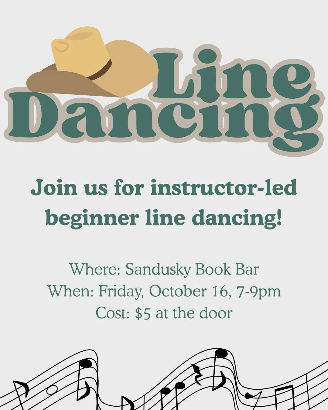 Next Friday is our monthly line dancing!! If you haven't tried it yet, it's pretty easy to catch on as a beginner - and there are ALWAYS beginners, so you have no reason to feel self-conscious! Come check it out 🤠
*
*
*
 #sanduskybookbar #smallbusin
