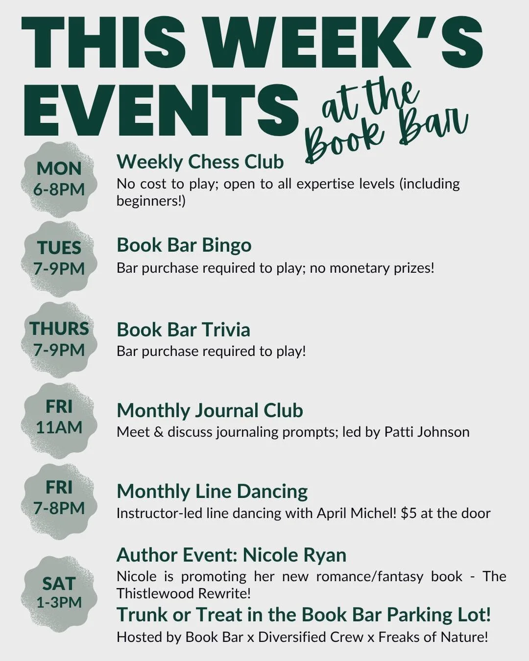 We've got a fun week ahead of us with some regular events and a couple of special ones!
✨ Monday: Weekly Chess Club
✨ Tuesday: Weekly Book Bar Bingo
✨ Thursday: Weekly Book Bar Trivia
✨ Friday: Monthly Journal Club AND Monthly Line Dancing
✨ Saturday
