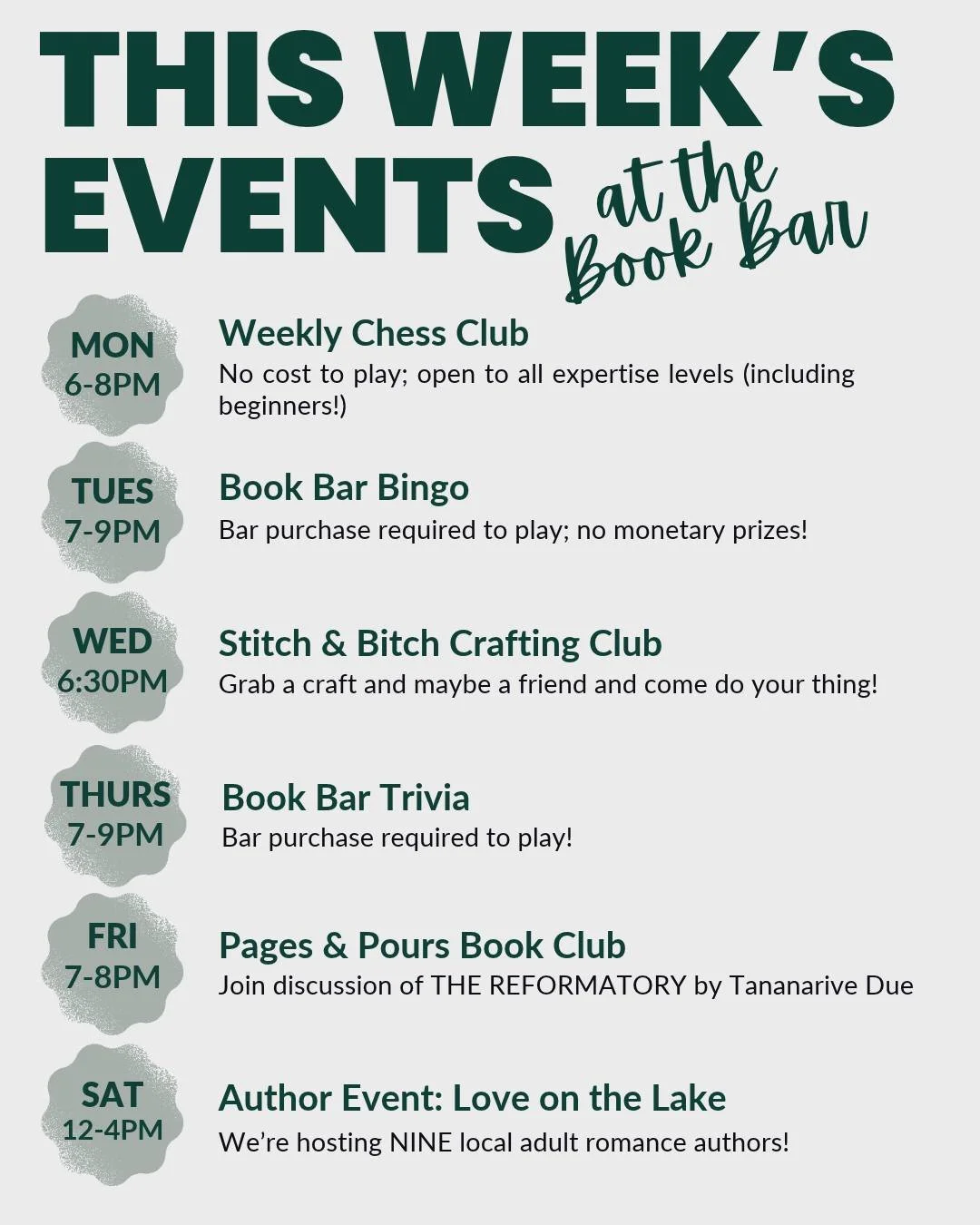 A busy week is ahead of us at the Book Bar!
✨ Monday: Weekly Chess Club from 6-8pm; Players of all skill levels are welcome!
✨ Tuesday: Weekly Book Bar Bingo from 7-9pm; There is no cost to play and no monetary prizes; a purchase is required to play!