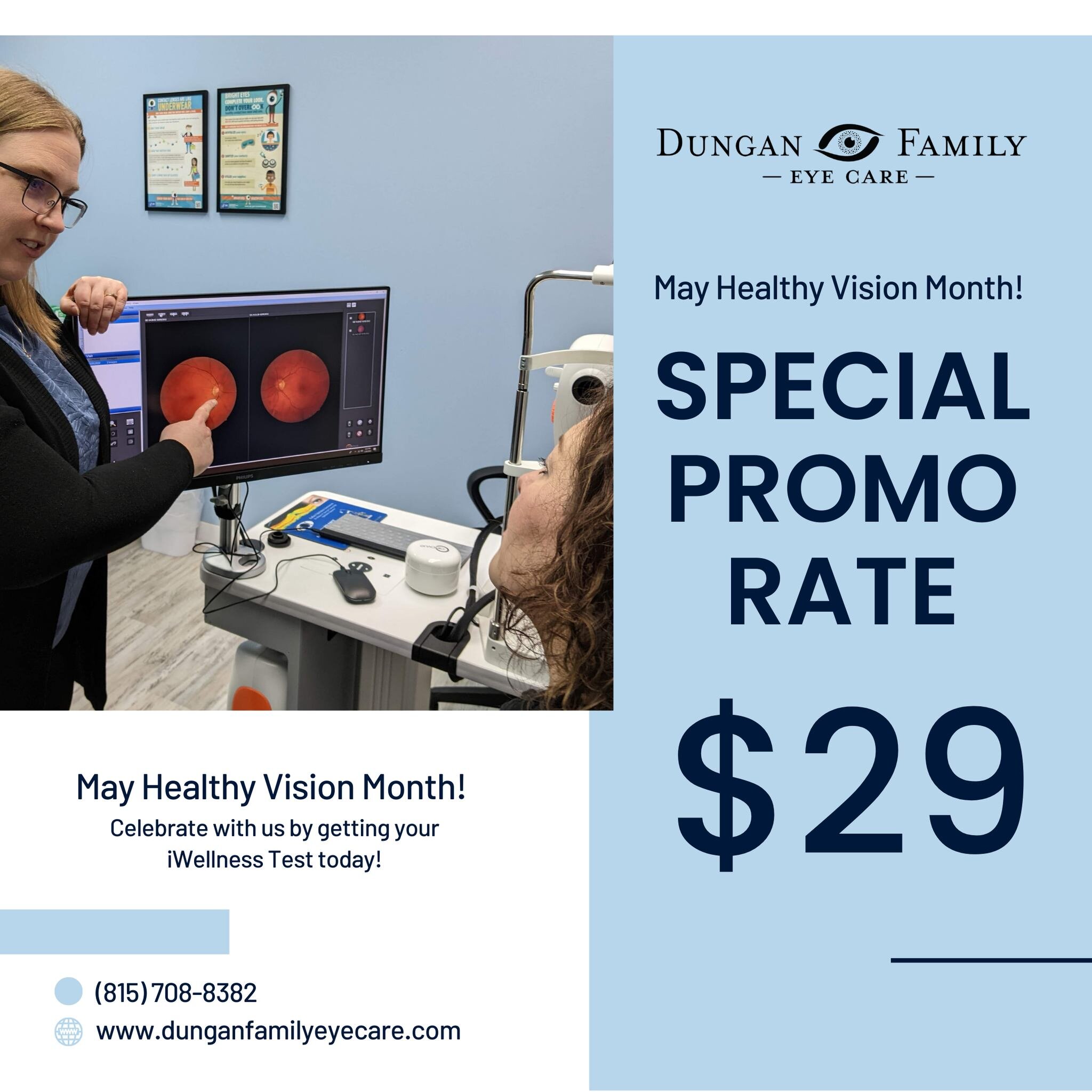 🌟 May is #HealthyVisionMonth! It&rsquo;s our tightly held value that everyone deserves healthy eyes.

To celebrate, we're offering our iWellness testing for just $29 through the month of May! Don't miss this chance to safeguard your priceless eyesig