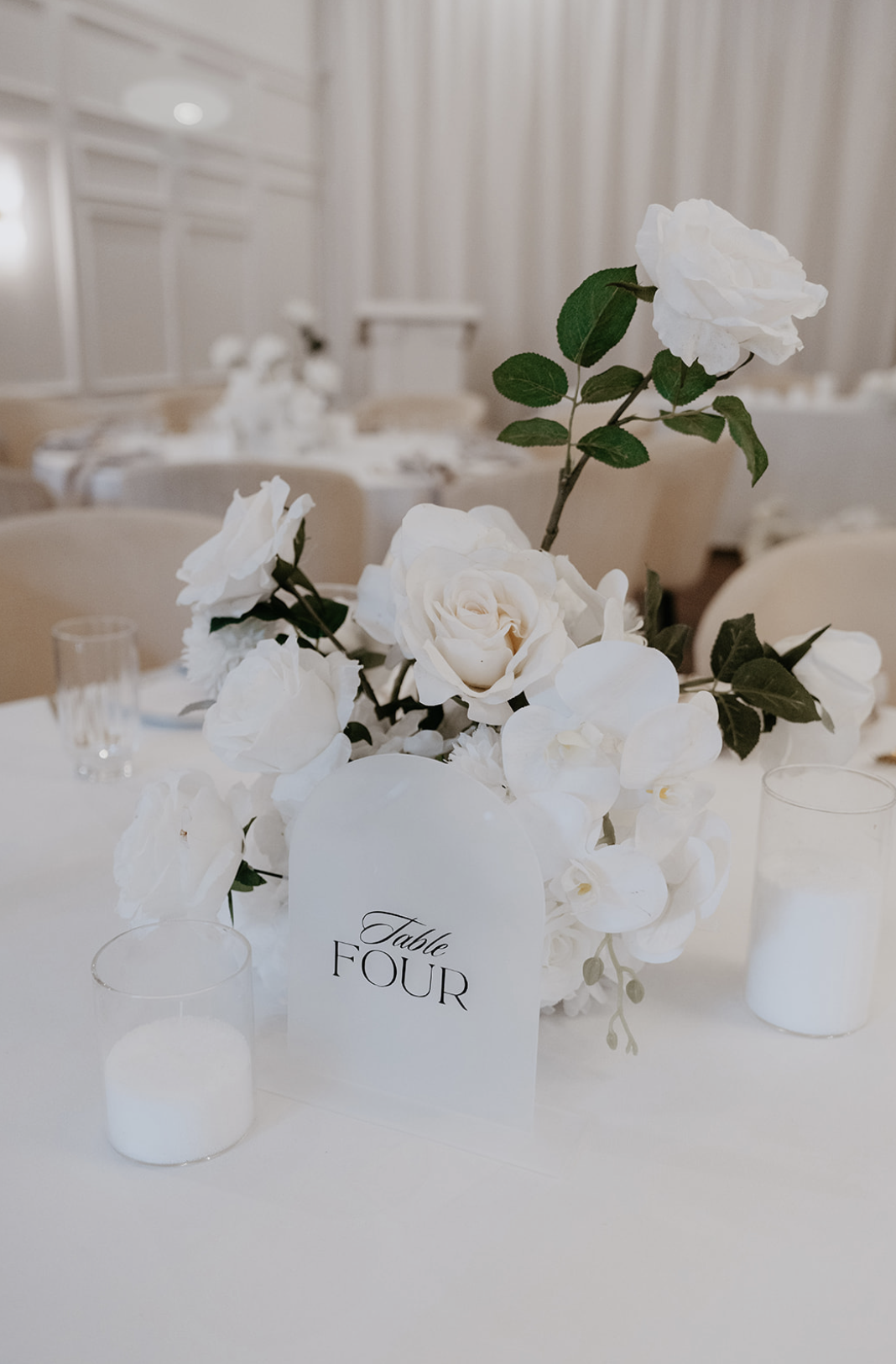 White Faux Baby Breath and Rose Arrangements