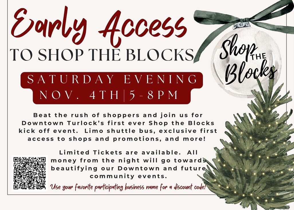 Save the dates! Shop the Blocks will be back this year with 2 shopping days! Choose either day or choose both. Visit your favorite merchant for a discount code for Saturday night. Sunday is free as always.  #shopdowntownturlock #downtownturlock #shop