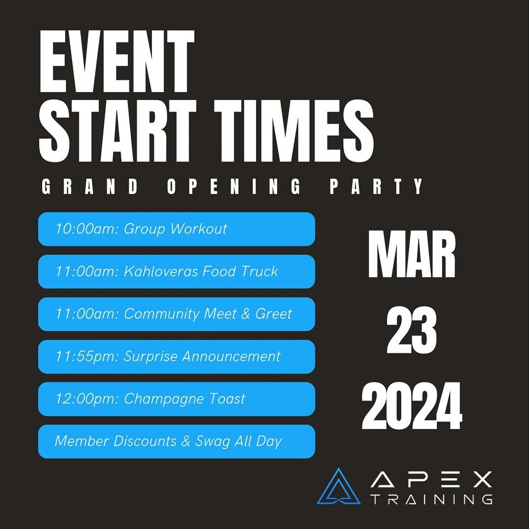 🎉 Exciting News! 🎉 Only 3 days left until the Grand Opening of Apex Training on March 23rd from 10am - 2pm! 🏋️&zwj;♂️ Join us for a day filled with fun and fitness:

10:00am: Kick off the day with a high-energy group workout 💪
11:00am: The food t