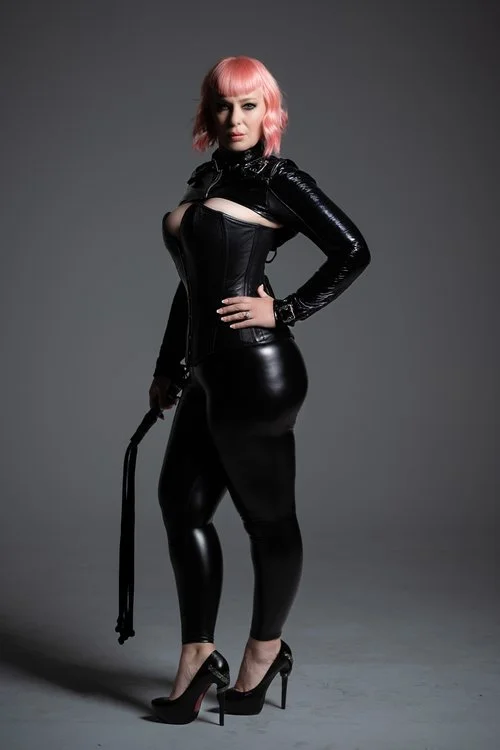 Mistress Zoe Demure in black latex and pink hair holding a whip