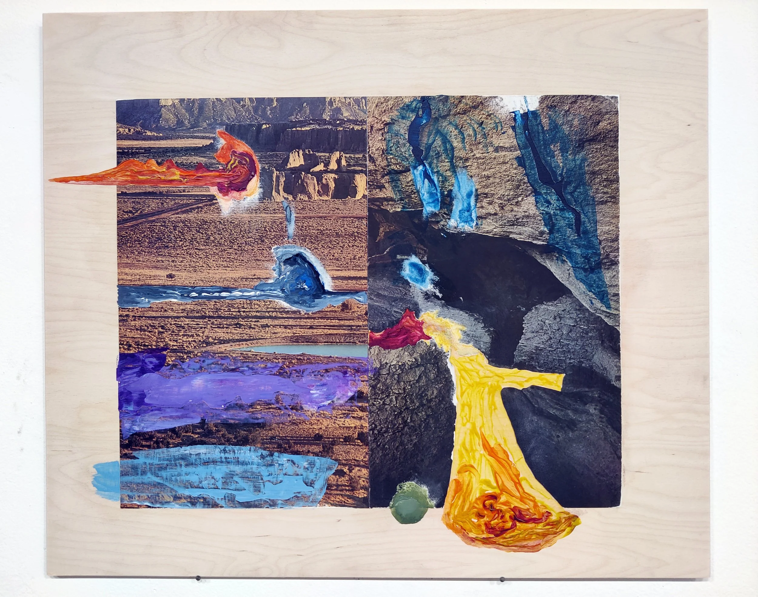 "Landscape Into Memory 2," 23 x 27,” acrylic paint and medium over modified printed pages mounted on Baltic Birch plywood, 2022