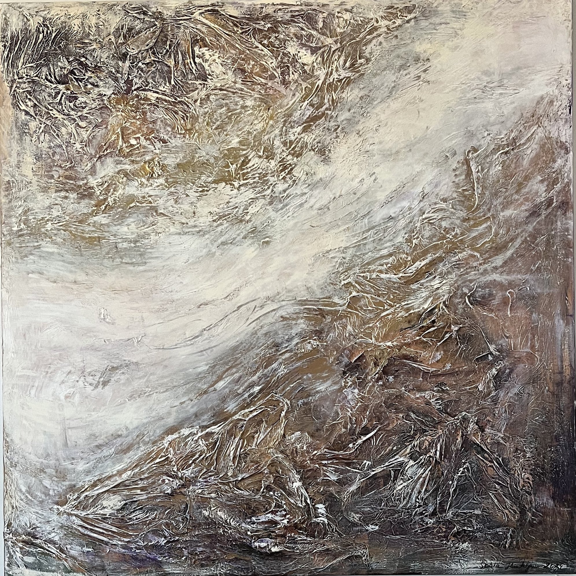Aamu (2024), myyty
150x150 cm, sekatekniikka kankaalle