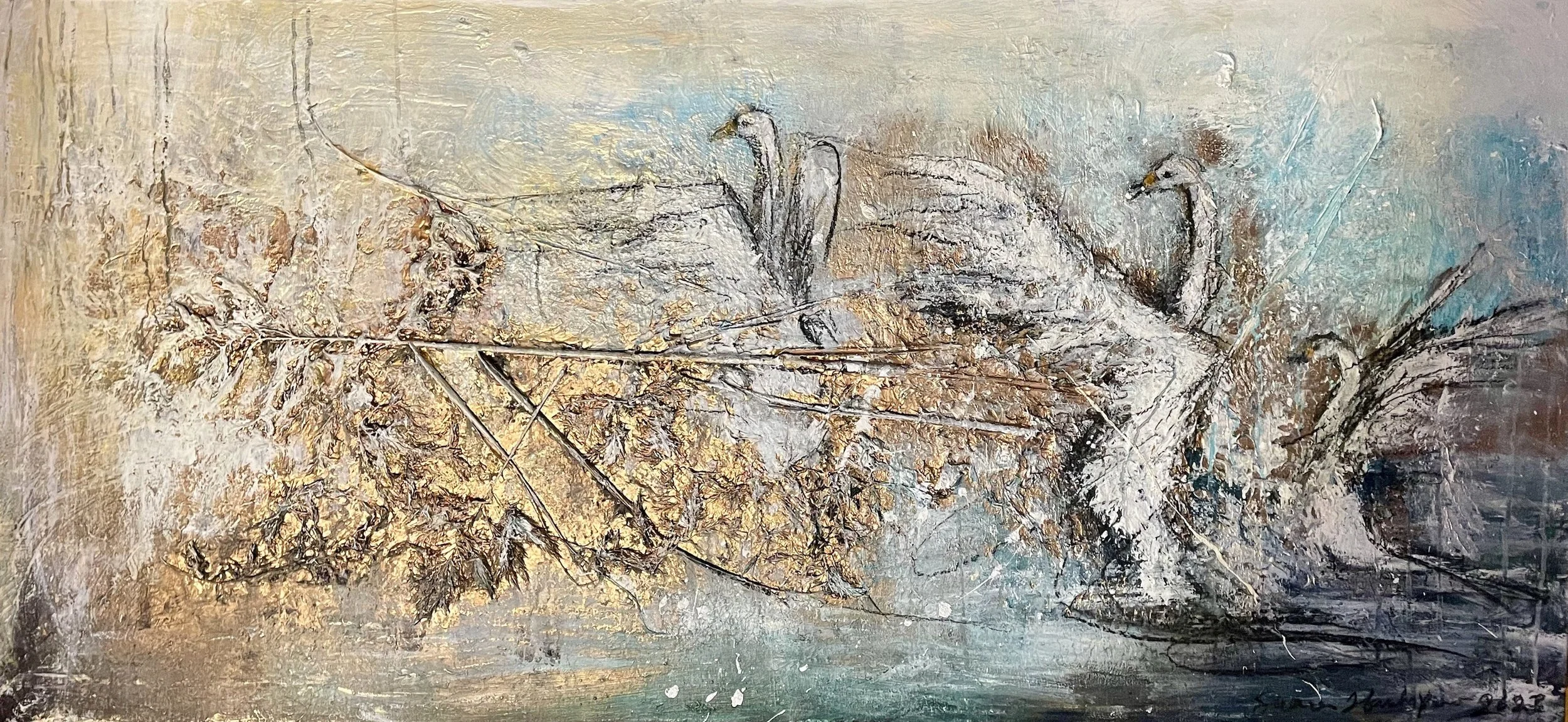 Escape (2023), myyty
70x150 cm, sekatekniikka kankaalle