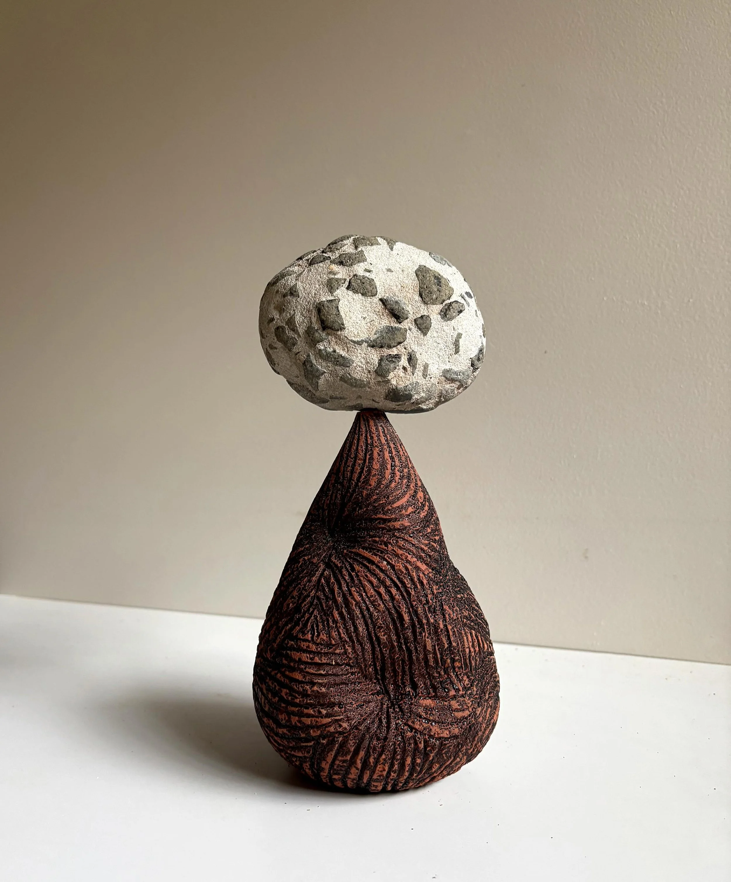 Tempest Sentinel 
Found ocean tumbled concrete, terracotta, steel
2026

#australiansculpture #austalianceramics #contemporaryceramics #chrystielongworth