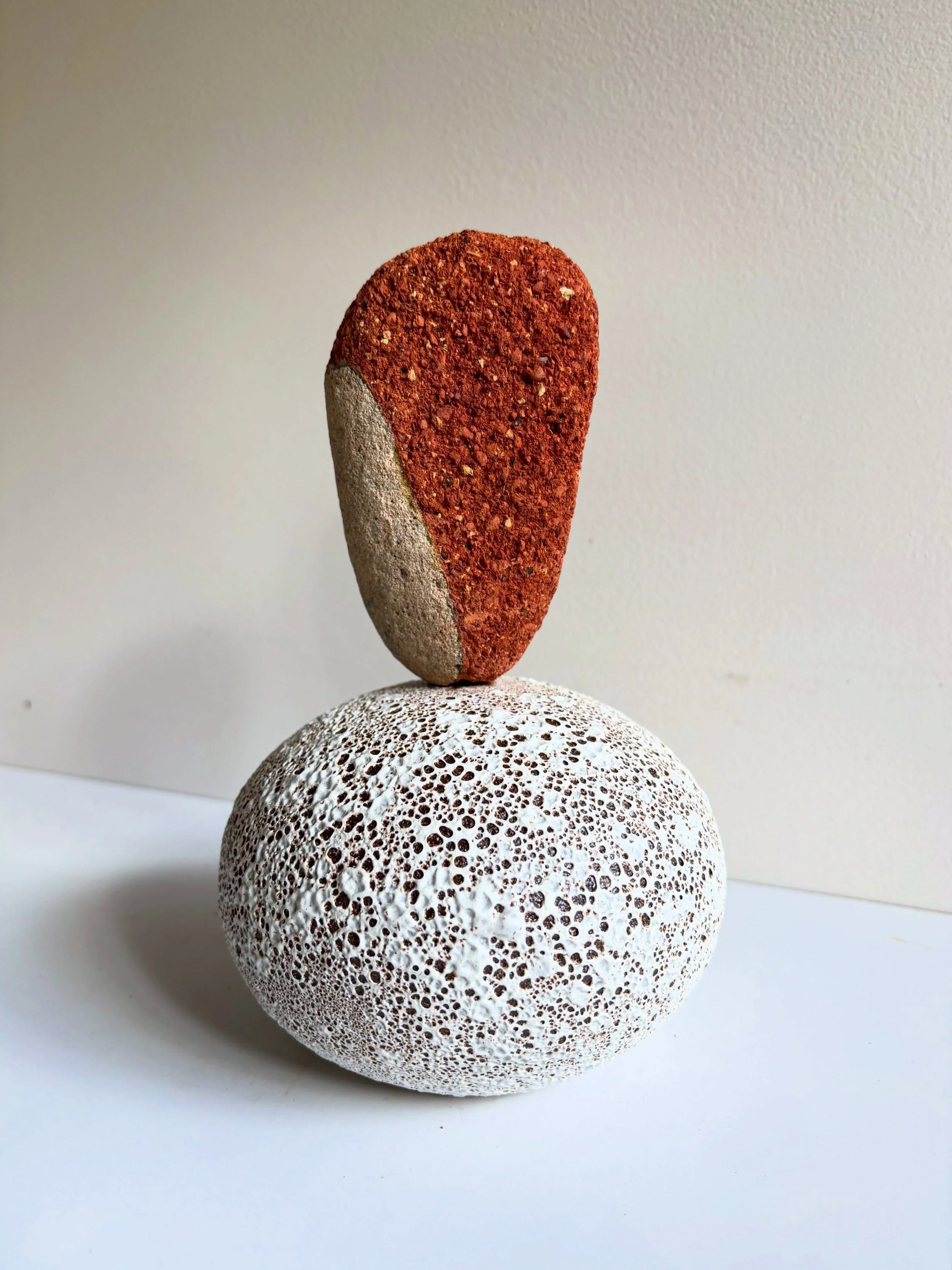 Spume Sentinel is a work I am really happy with. The ceramic base has the feel of the bubbles at the water&rsquo;s edge as the tide recedes, and the terracotta brick/concrete fragment reminds me of how I found this piece as it rolled amongst the wave