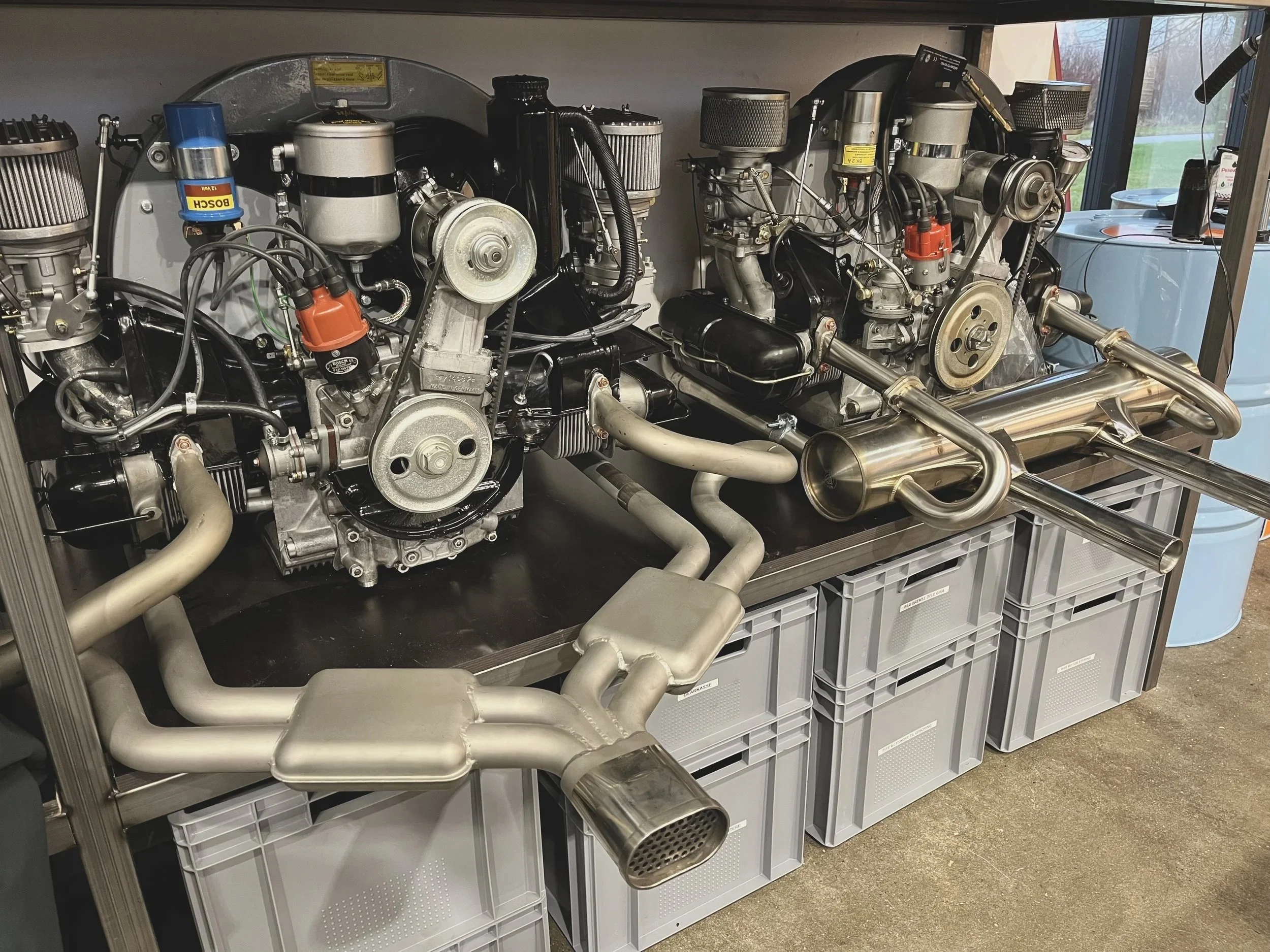 2x Porsche 356 engines in the shop; one upgraded to 1720 cc with 110 HP and one upgraded to 1600 cc super with 75 HP. 