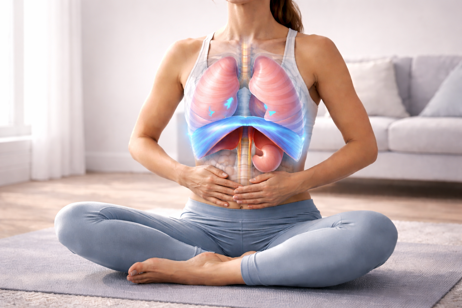 Lady sitting and using the diaphragm muscle to breathe deeply, this image is above a blog post talking about the importance of not just the respiratory diaphragm, but other diaphragms within the body and how they synchronise for better respiration