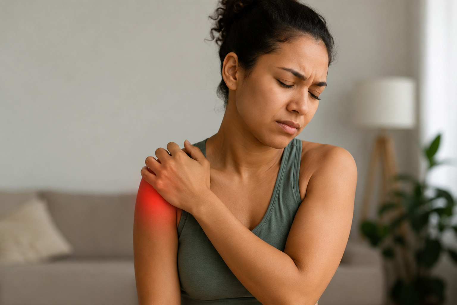 Lady suffering from shoulder pain shoulder bursitis due to overuse and desk work experiencing pain through the deltoid region using osteopathic therapy to help relieve pain and symptoms