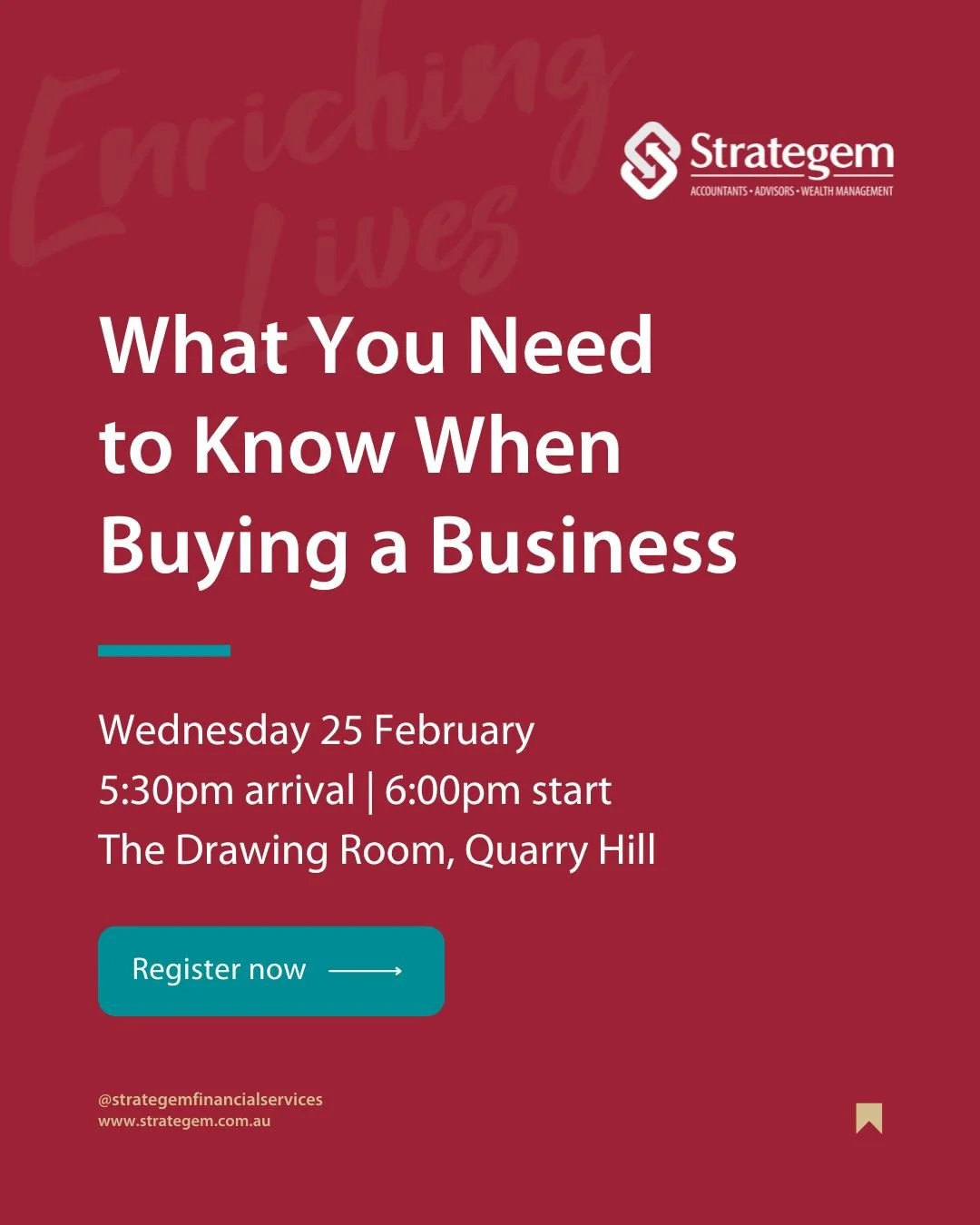 Buying a business is exciting, but smart buyers know excitement should never replace due diligence.⁠
⁠
Strategem invites you to join us for an informative session, led by Kris Tatt, Partner at Strategem. Our panel featuring Ashley Hill, Strategem Par