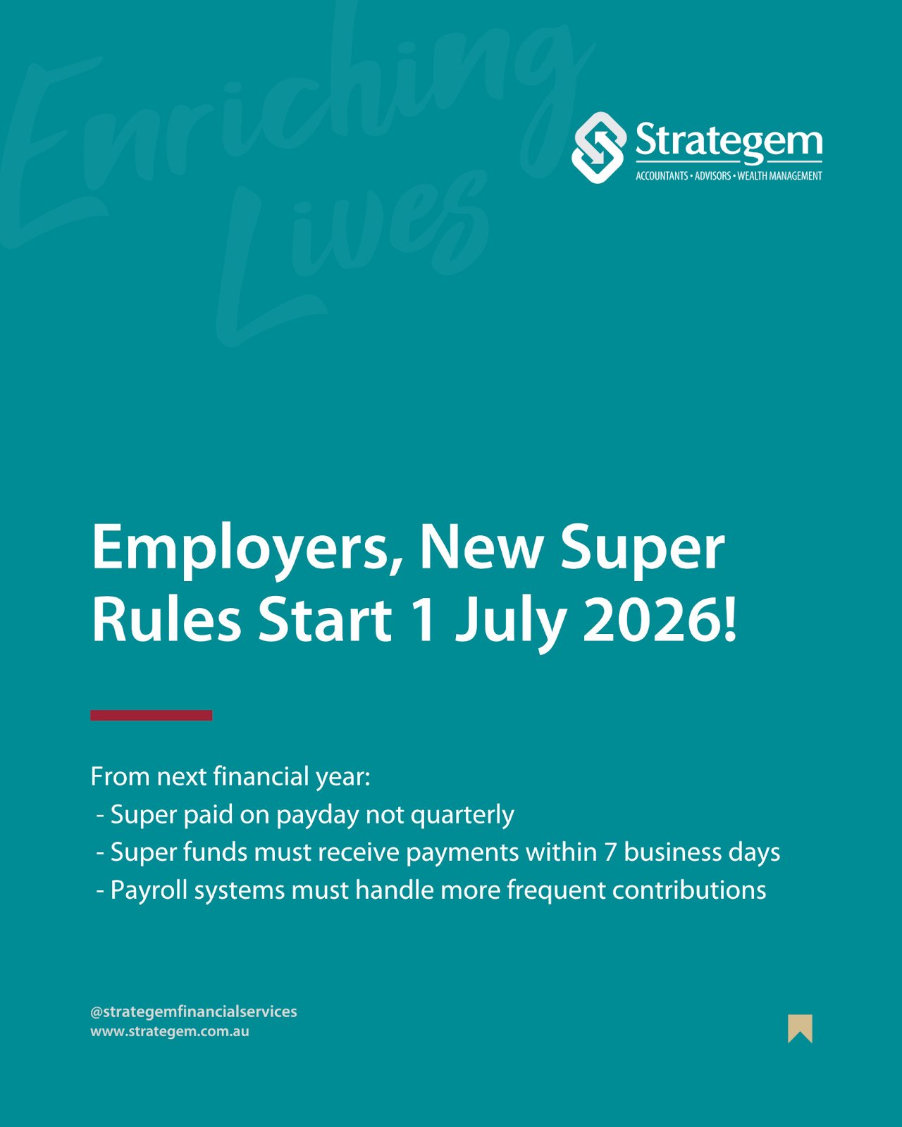 Employers,  New Super Rules Start 1 July 2026!⁠
⁠
From next financial year:⁠
 ➡️ Super paid on payday not quarterly⁠
 ➡️ Super funds must receive payments within 7 business days⁠
 ➡️ Payroll systems must handle more frequent contributions⁠
⁠
Preparat