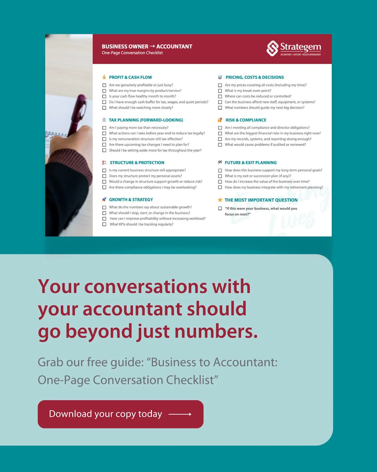 Your conversations with your accountant should go beyond just numbers.⁠
⁠
Grab our free guide: &ldquo;Business to Accountant: One-Page Conversation Checklist&rdquo; ✅⁠
⁠
This simple checklist helps you:⁠
&bull; Ask the right questions to get clarity 
