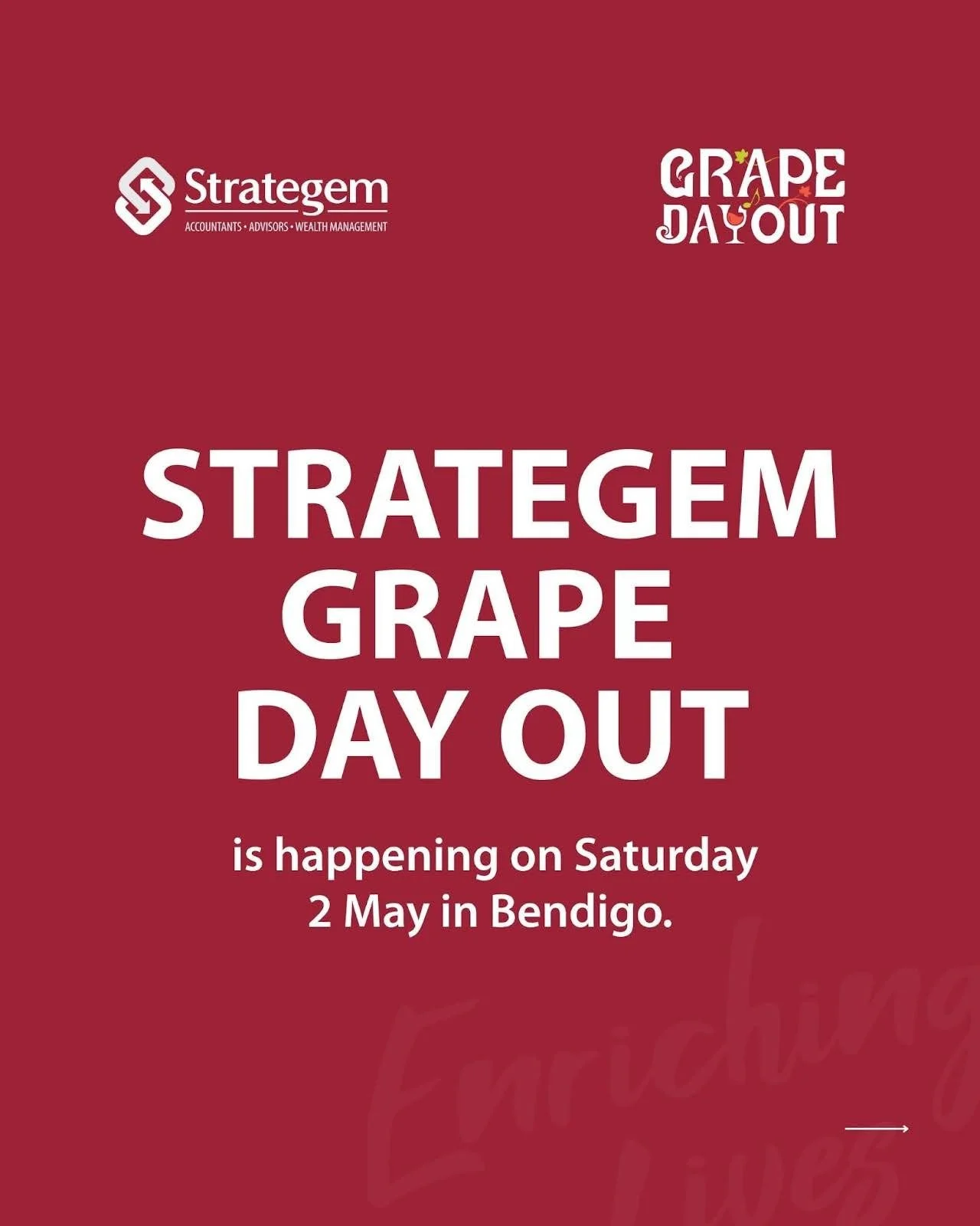 The Strategem Grape Day Out is happening on Saturday, 2 May in Bendigo.⁠
⁠
Join us for a day of tasting the region&rsquo;s finest wines, delicious food, and celebrating local wineries.⁠
⁠
🎟️ Grab your tickets now: https://events.humanitix.com/grape-